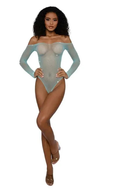 Rhinestone Off Shoulder Bodystocking – Nylon Spandex Bodystocking Blue One Size > Clothes > Bodies and Playsuits Main image