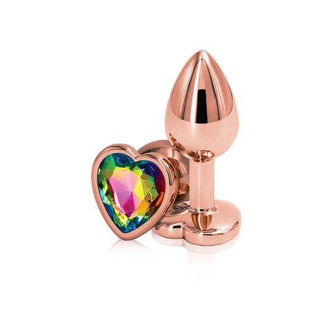 Rear Assets Rose Gold Small Metal Butt Plug with Rainbow Heart Gem Base – Lightweight Butt Plug > Anal Range > Jewel Butt Plugs