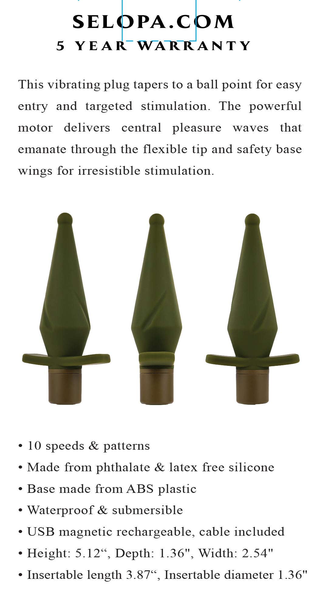 Selopa The Private Vibrating Plug 13cm x 3.5cm Green Butt Plugs - Vibrating