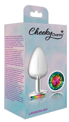 Cheeky Charms Silver Round Butt Plug with Rainbow Jewel Large > Anal Range > Jewel Butt Plugs