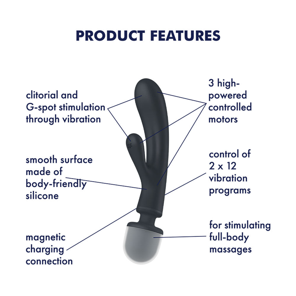 Satisfyer Triple Lover Grey Hybrid Wand and Rabbit Vibrator with 12 Vibration Modes and Waterproof Design > Vibrators > Ladies > Rabbit Multi