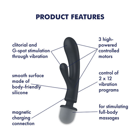 Satisfyer Triple Lover Grey Hybrid Wand and Rabbit Vibrator with 12 Vibration Modes and Waterproof Design > Vibrators > Ladies > Rabbit Multi