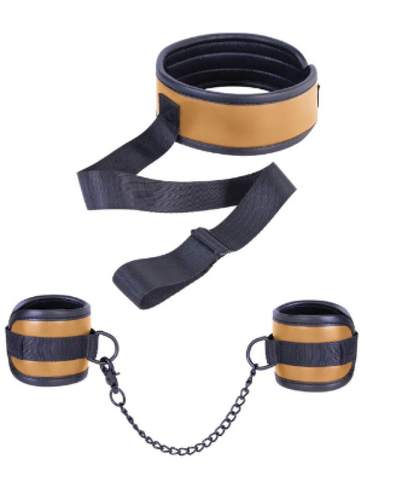 Adjustable Collar with Handcuffs – Velcro Lock, Webbing Strap, 22.4cm Chain Brown > Bondage Gear > Restraints