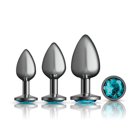 Cheeky Charms Round Metal Butt Plug Gunmetal Three Piece Kit with Teal Jewel Green > Anal Range > Butt Plug Kits