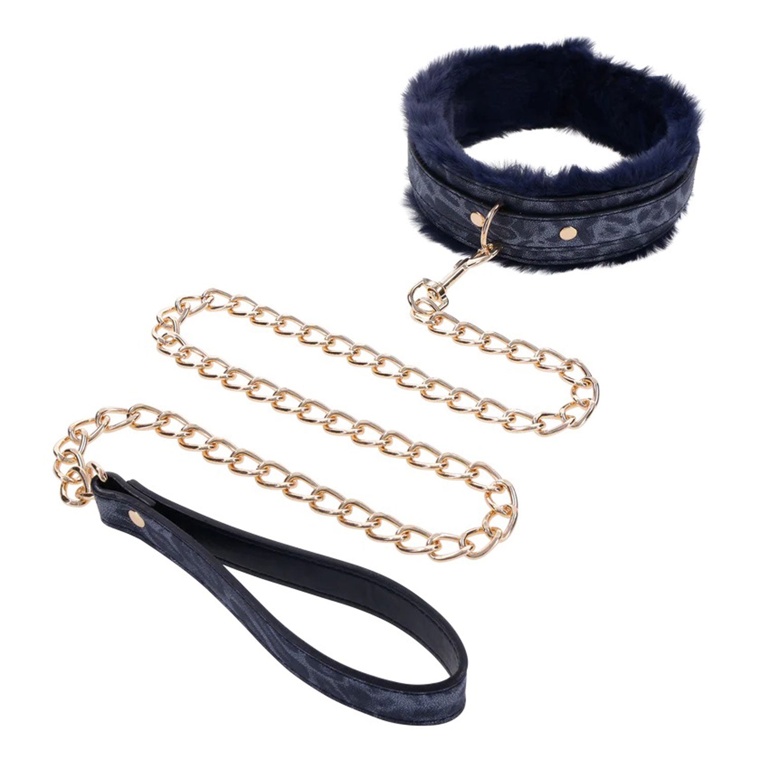 Sex & Mischief Cougar Fur Collar and Leash Set Navy and Gold Furry Restraint with Adjustable Collar and Chain Leash > Bondage Gear > Restraints