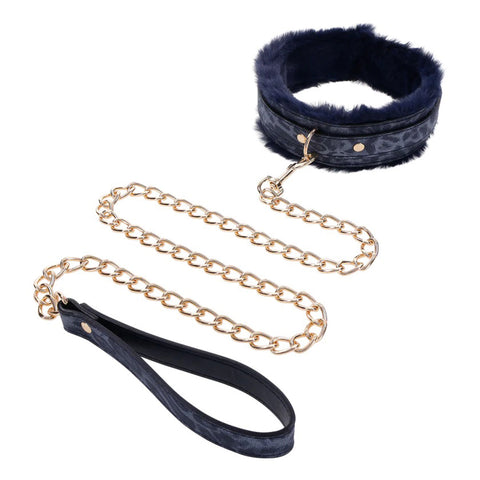 Sex & Mischief Cougar Fur Collar and Leash Set Navy and Gold Furry Restraint with Adjustable Collar and Chain Leash > Bondage Gear > Restraints