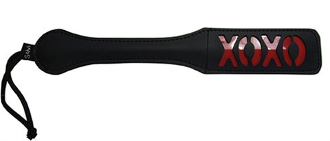 Sex & Mischief XOXO Black Vinyl Paddle with Red Cheeky Design, 30 cm Length, Includes matching Wrist Strap Black Whips & Paddles