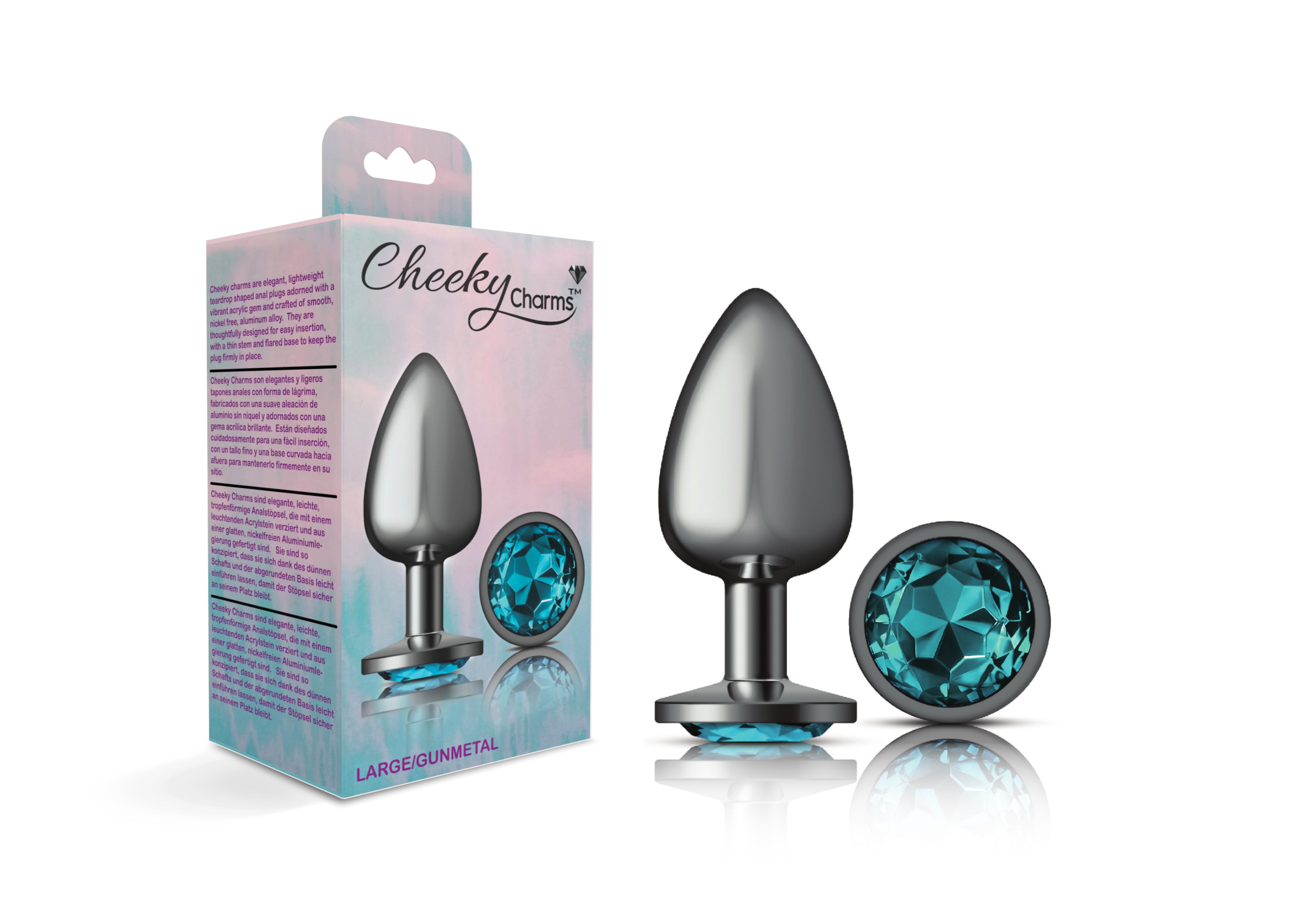 Cheeky Charms Gunmetal Round Butt Plug with Teal Jewel Large > Anal Range > Jewel Butt Plugs