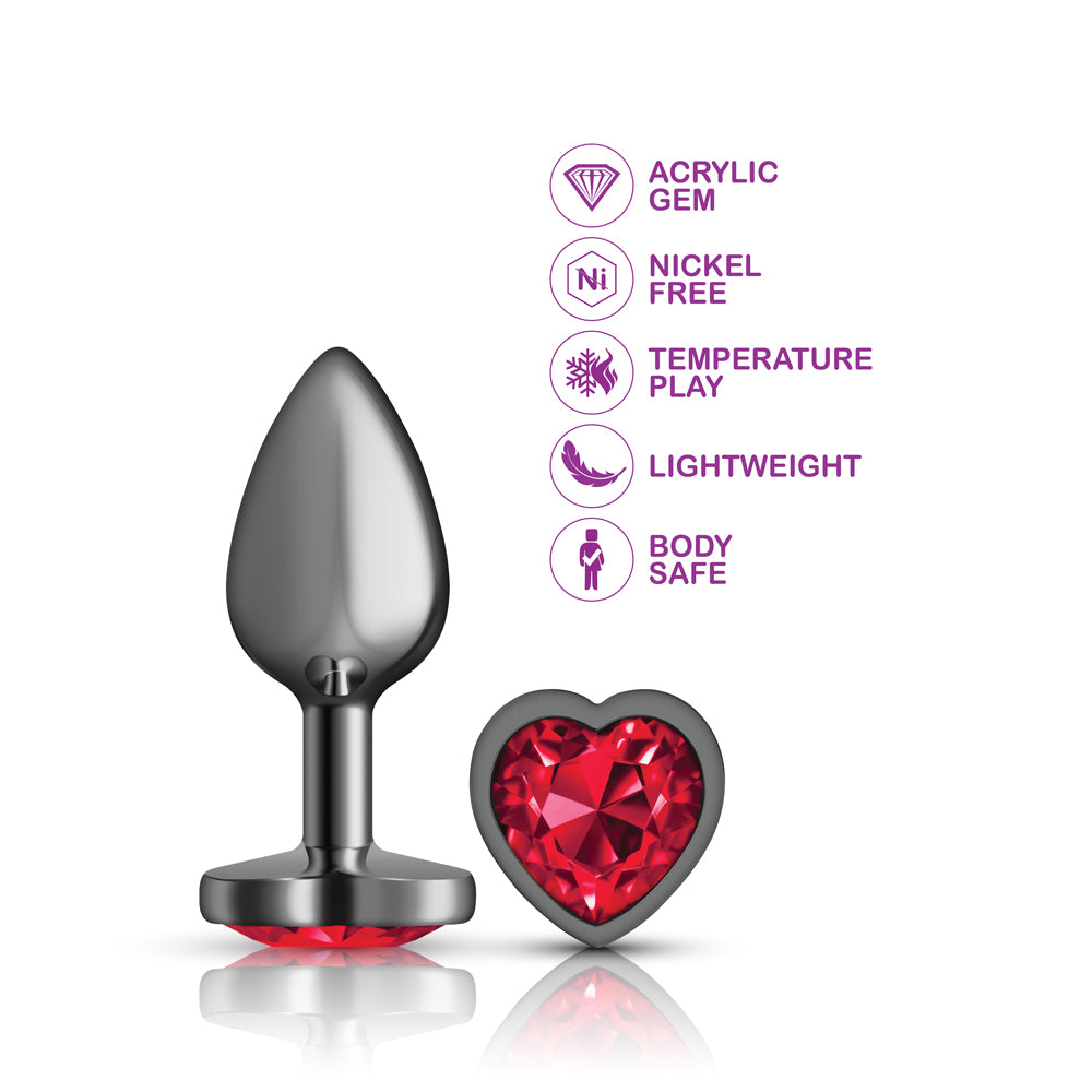 Cheeky Charms Gunmetal Butt Plug with Heart Red Jewel Medium > Anal Range > Jewel Butt Plugs