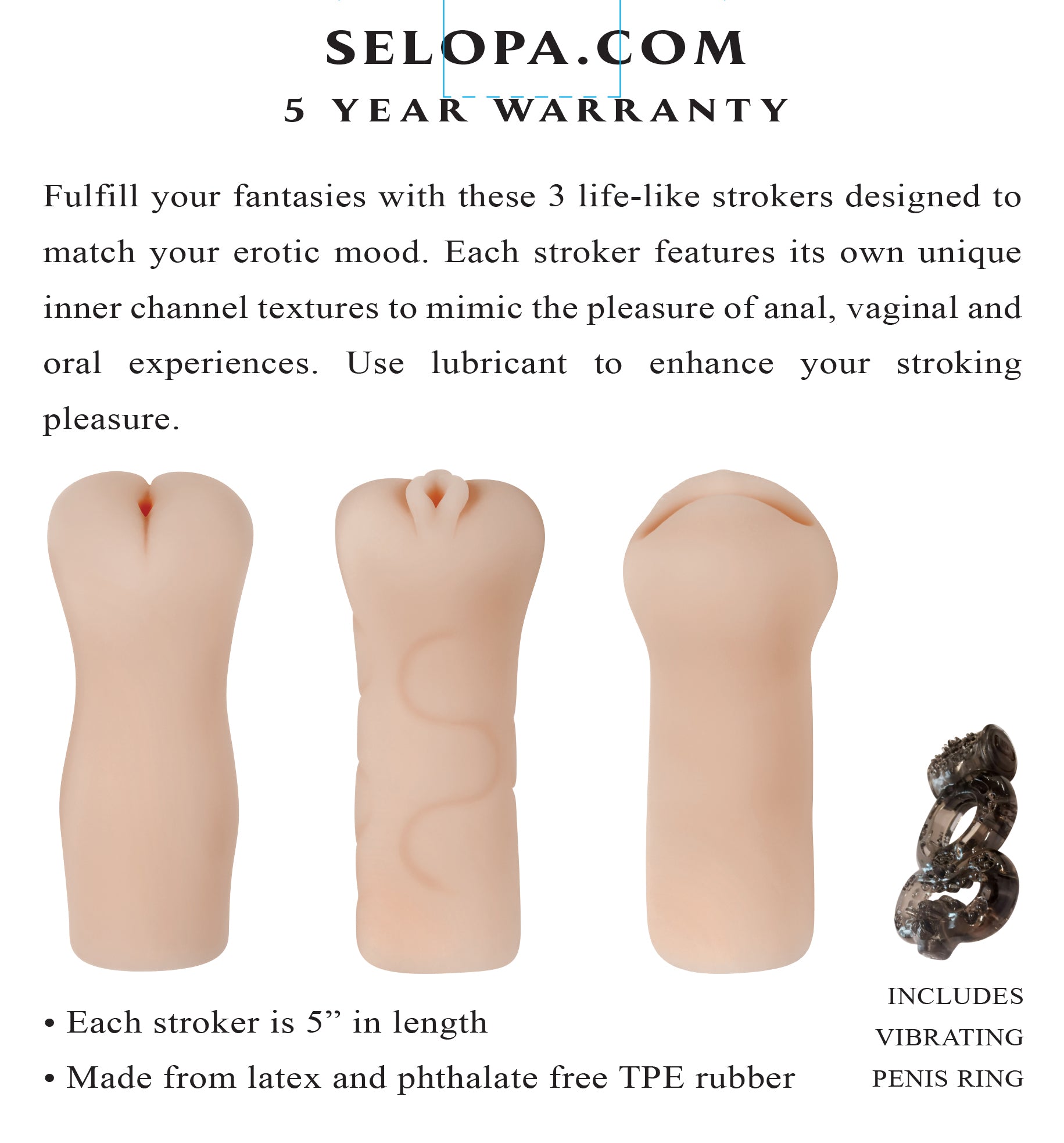Selopa Party Pack - Light 3 Life-Like Strokers for Pleasure Strokers - Manual