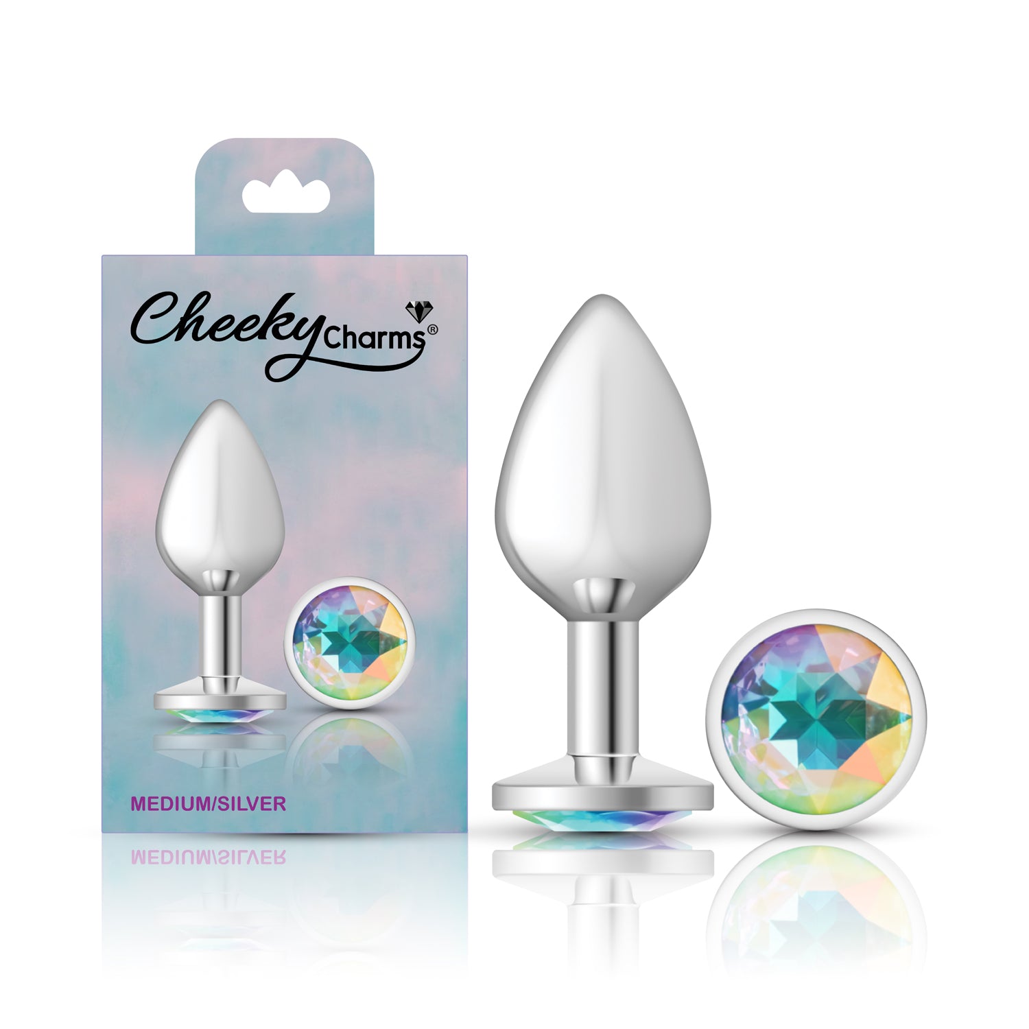 Cheeky Charms Silver Round Butt Plug with Clear Iridescent Jewel Medium > Anal Range > Jewel Butt Plugs