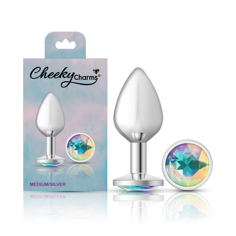 Cheeky Charms Silver Round Butt Plug with Clear Iridescent Jewel Medium > Anal Range > Jewel Butt Plugs