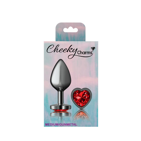 Cheeky Charms Gunmetal Butt Plug with Heart Red Jewel Medium > Anal Range > Jewel Butt Plugs