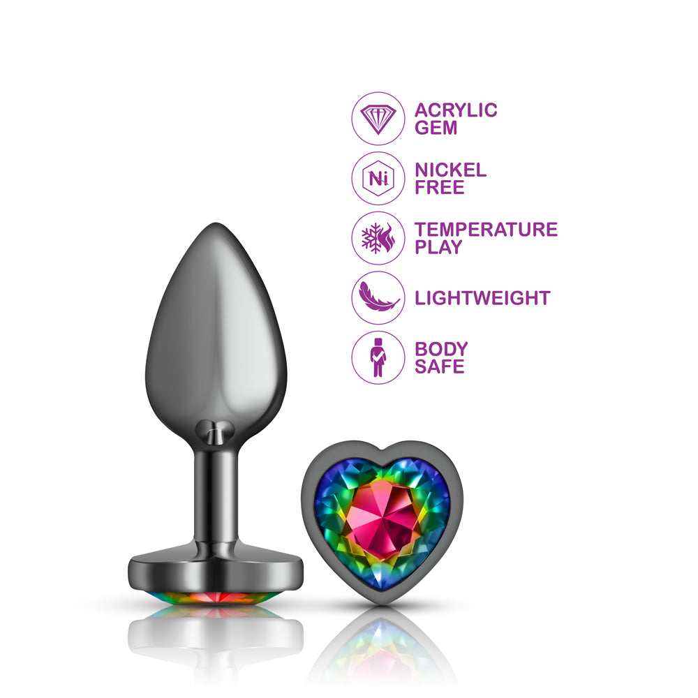 Cheeky Charms Gunmetal Butt Plug with Heart Rainbow Jewel Small > Anal Range > Jewel Butt Plugs