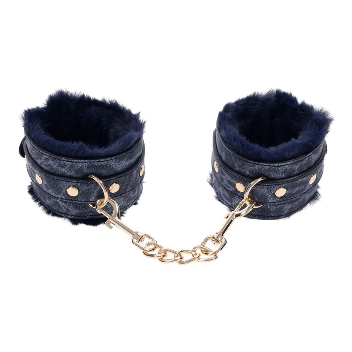 Sex and Mischief Navy and Gold Faux Fur Handcuffs with Adjustable Size and Chain Detailing Blue > Bondage Gear > Restraints