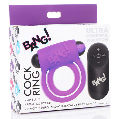 Bang Silicone Cock Ring and Bullet - USB Rechargeable Vibrating Cock Ring with Wireless Remote in Black Purple Cock Rings Vibrating