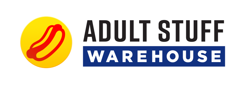 Logo for Adult Stuff Warehouse with a hot dog icon on a yellow circle.