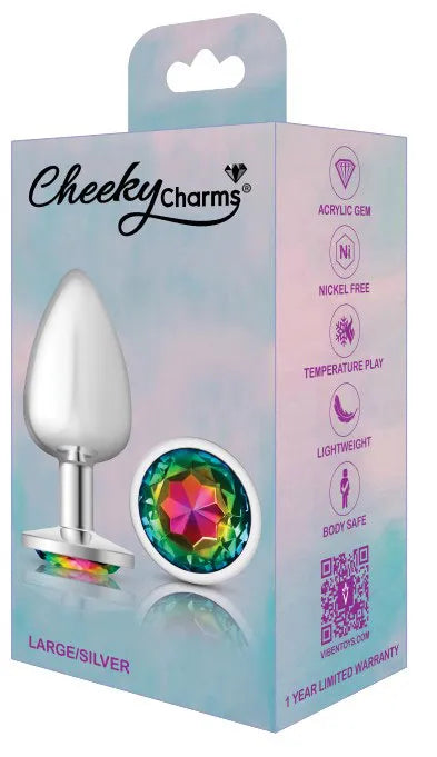 Cheeky Charms Silver Round Butt Plug with Rainbow Jewel Large > Anal Range > Jewel Butt Plugs