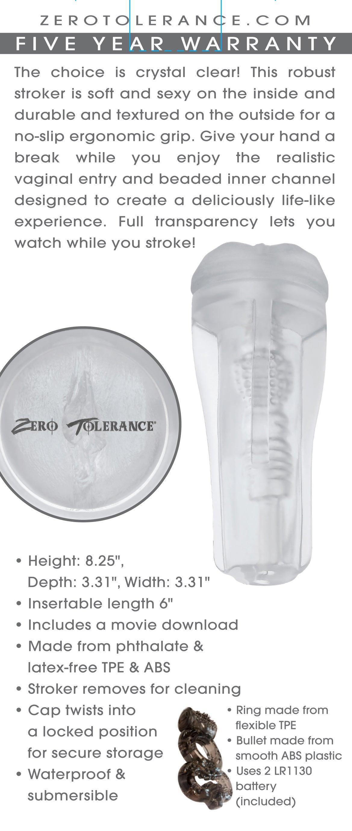 Zero Tolerance The Choice Realistic Stroker with Beaded Inner Channel Clear > Sex Toys For Men > Masturbators > Manual