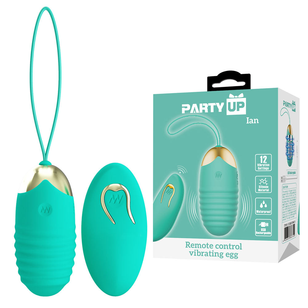 Party Up Ian Remote Egg Teal USB Rechargeable Vibrating Egg with Wireless Remote