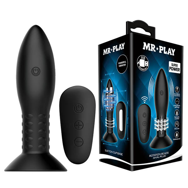 Mr Play Rotation Beads Anal Plug USB Rechargeable Beaded Butt Plug with Wireless Remote Black Butt Plugs - Vibrating