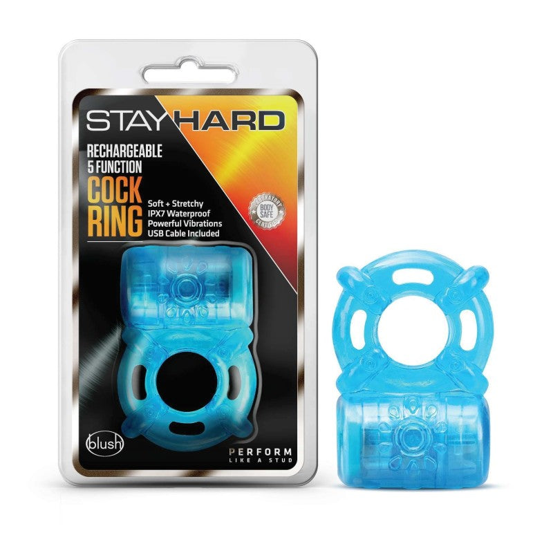 Stay Hard 5 Function Cock Ring - Vibrating Ring Blue > Cock Ring > Vibrating