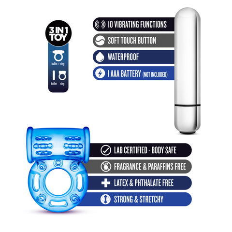 Stay Hard 10 Function Vibrating Bull Ring Blue Cock Rings Vibrating