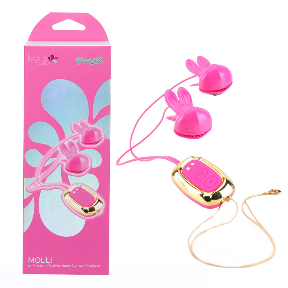 Maia Molli – USB Rechargeable 3-Speed 7-Function Vibrating Nipple Clamps and Necklace Pink > Sex Toys > Nipple Clamps