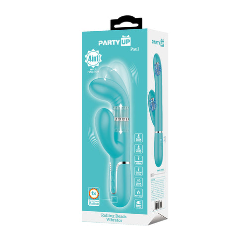 Party Up Paul Rolling Beads Vibrator Teal 22.6 cm USB Rechargeable Thrusting Rabbit Vibrator VIBRATORS-RABBIT