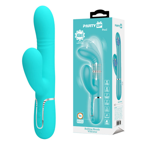 Party Up Paul Rolling Beads Vibrator Teal 22.6 cm USB Rechargeable Thrusting Rabbit Vibrator Teal VIBRATORS-RABBIT