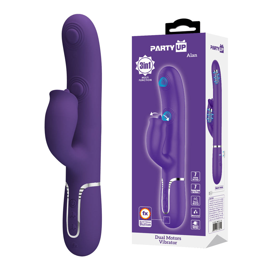Party Up Alan Dual Motor Vibrator 22.8 Centimeters USB Rechargeable with Licking Clit Stimulator and Thumping Shaft Purple VIBRATORS-RABBIT