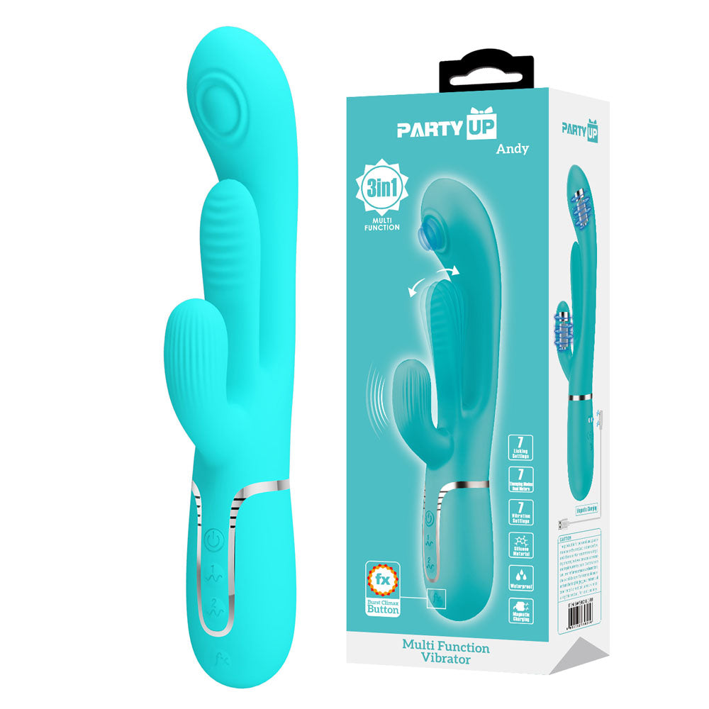 Party Up Andy Multi Function Vibrator Teal 22.2 Centimeter USB Rechargeable Rabbit Vibrator with Flicking and Thumping Tip Teal VIBRATORS-RABBIT-MULTI