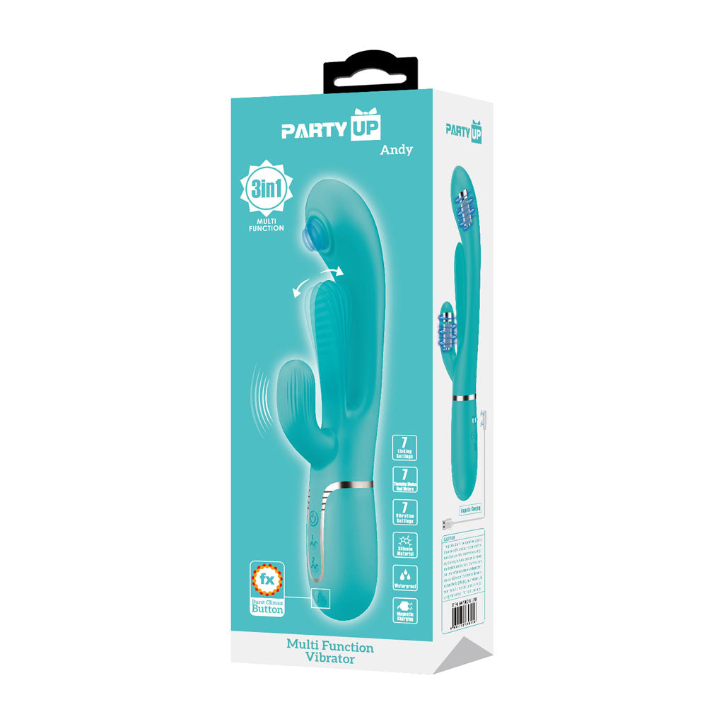 Party Up Andy Multi Function Vibrator Teal 22.2 Centimeter USB Rechargeable Rabbit Vibrator with Flicking and Thumping Tip VIBRATORS-RABBIT-MULTI