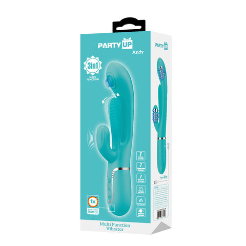 Party Up Andy Multi Function Vibrator Teal 22.2 Centimeter USB Rechargeable Rabbit Vibrator with Flicking and Thumping Tip VIBRATORS-RABBIT-MULTI