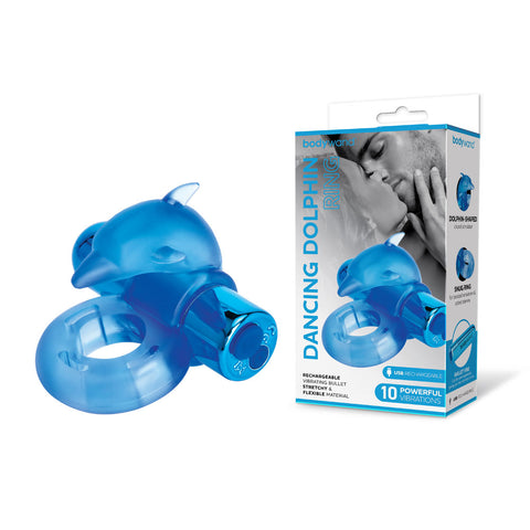 Bodywand Rechargeable Dancing Dolphin Erection Enhancing Ring Blue Cock Rings Vibrating