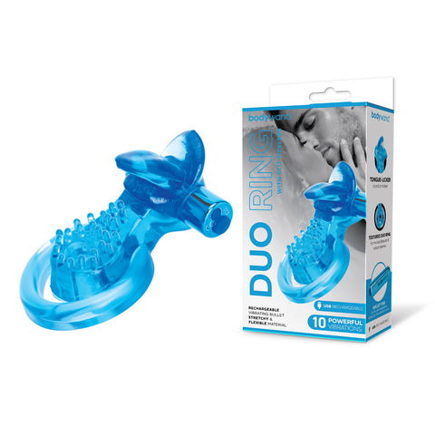 Bodywand Rechargeable Duo Ring with Clit Tickler for Couples Blue Cock Rings Vibrating