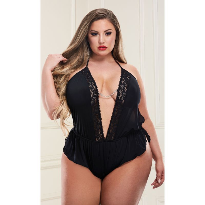 Baci Lingerie Sexy Satin Teddy With Lace And Chain Detail Black Queen Teddies