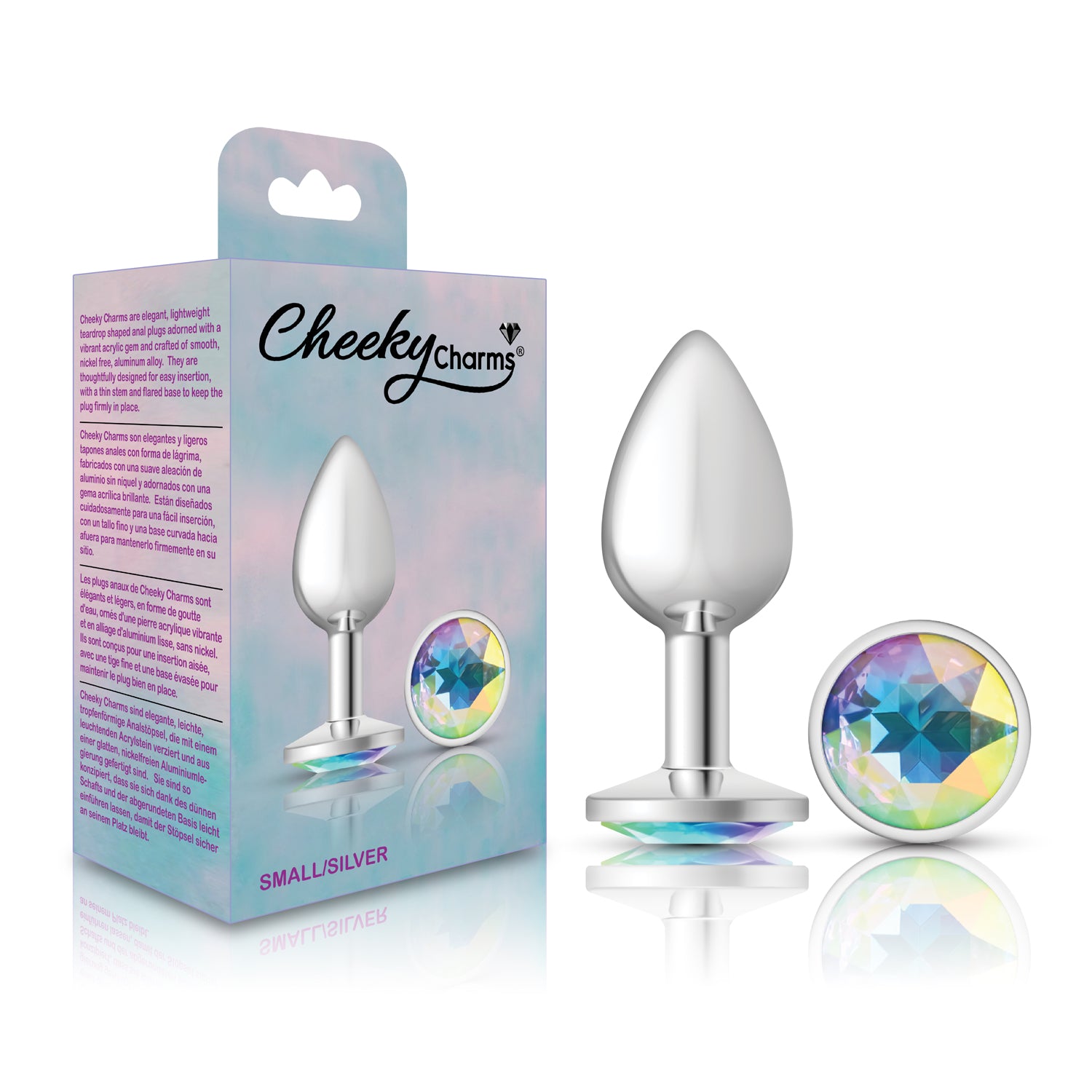 Cheeky Charms Silver Round Butt Plug with Clear Iridescent Jewel Small > Anal Range > Jewel Butt Plugs