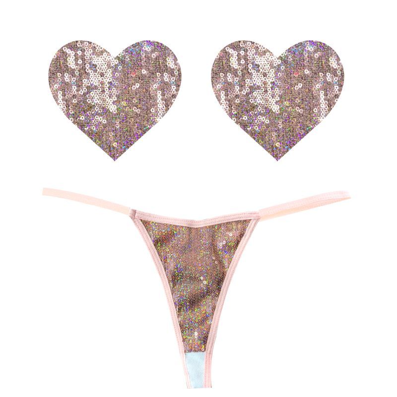Bubbly Feels Nude Sequin Pantie and Heart Pastie Set for Adult Fun Nude One Size Pasties