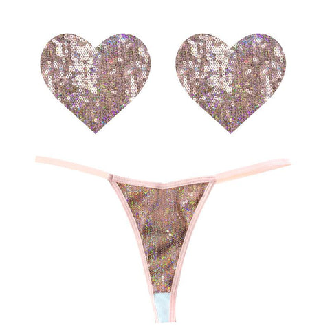 Bubbly Feels Nude Sequin Pantie and Heart Pastie Set for Adult Fun Nude One Size Pasties