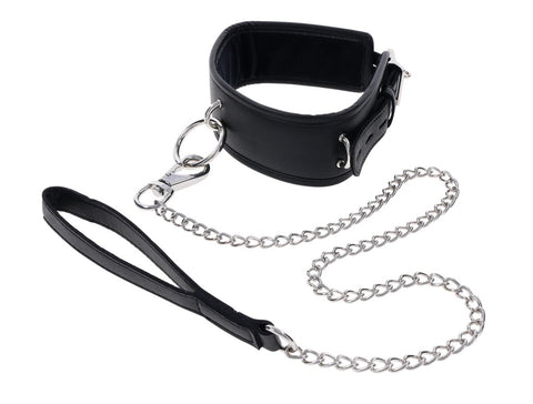 Edge Collar and Leash Neck Restraint with Heavy Duty Metal Leash Black Unisex Leather