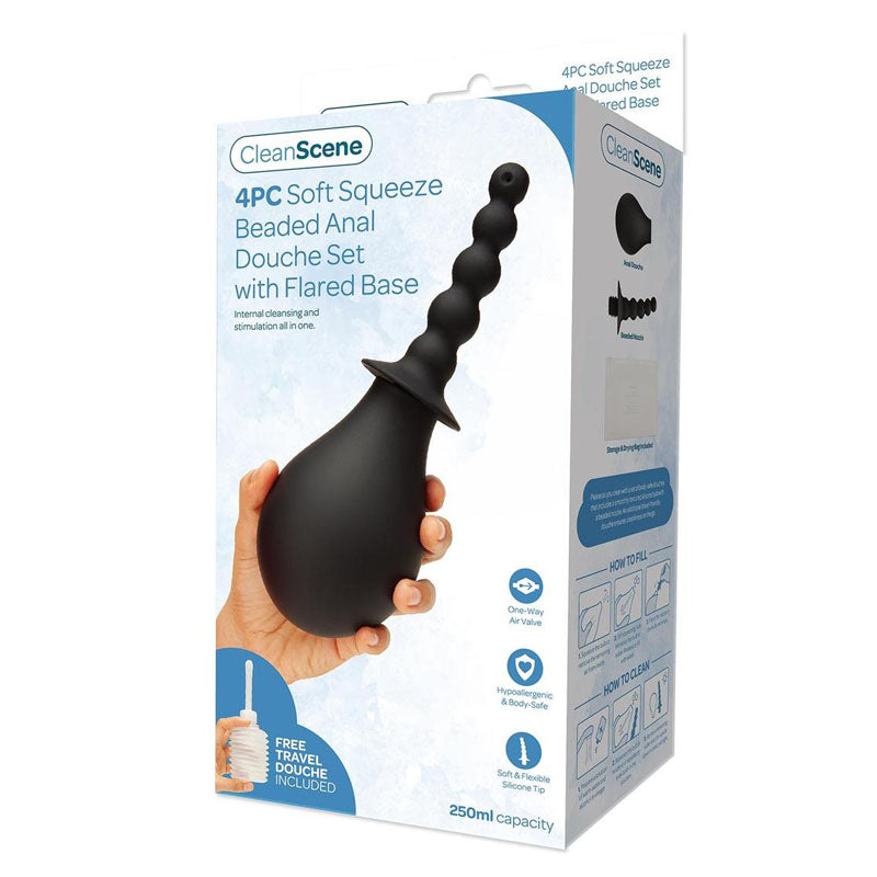 CleanScene Soft Squeeze Beaded Anal Douche Set 250ml with Flared Base - 4 Piece Black > Essentials > Douches