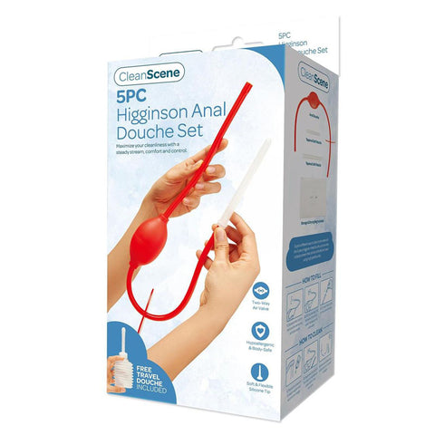 CleanScene 5 Piece Higginson Anal Douche Set for Personal Hygiene and Comfort Red Douches