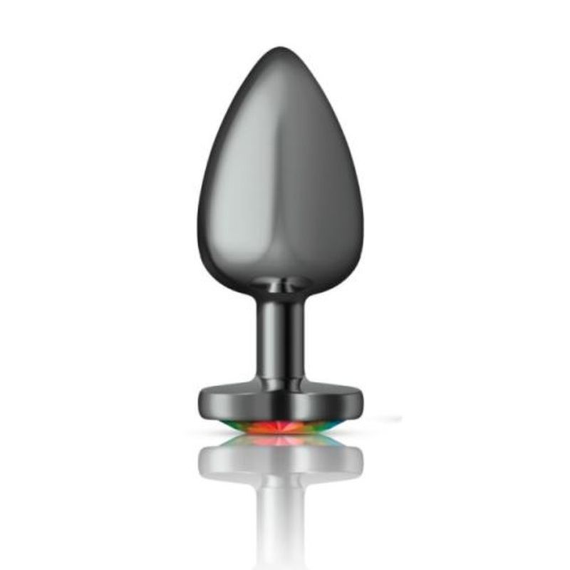 Cheeky Charms Gunmetal Butt Plug with Heart Rainbow Jewel Large > Anal Range > Jewel Butt Plugs Main image
