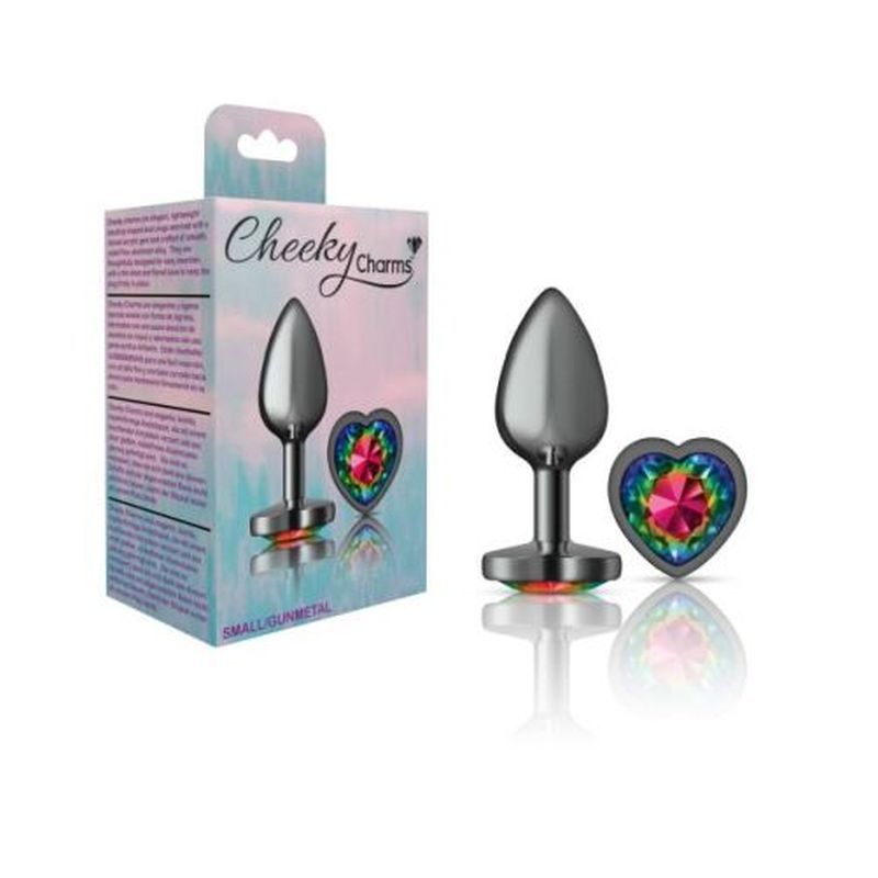 Cheeky Charms Gunmetal Butt Plug with Heart Rainbow Jewel Small > Anal Range > Jewel Butt Plugs