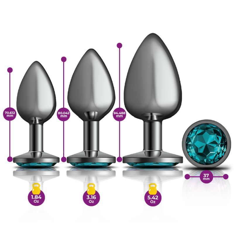Cheeky Charms Round Metal Butt Plug Gunmetal Three Piece Kit with Teal Jewel > Anal Range > Butt Plug Kits