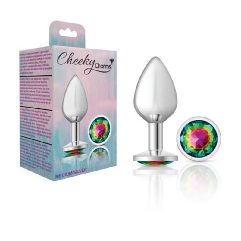 Cheeky Charms Silver Round Butt Plug with Rainbow Jewel Medium Secondary image