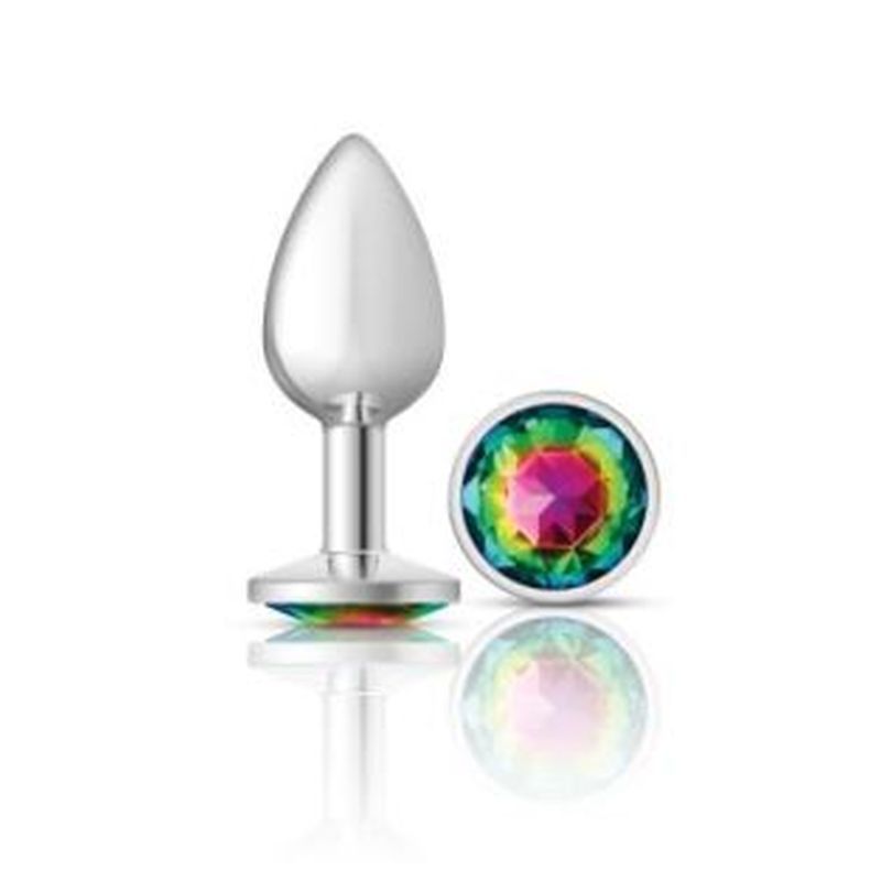 Cheeky Charms Silver Round Butt Plug with Rainbow Jewel Small > Anal Range > Jewel Butt Plugs Main image
