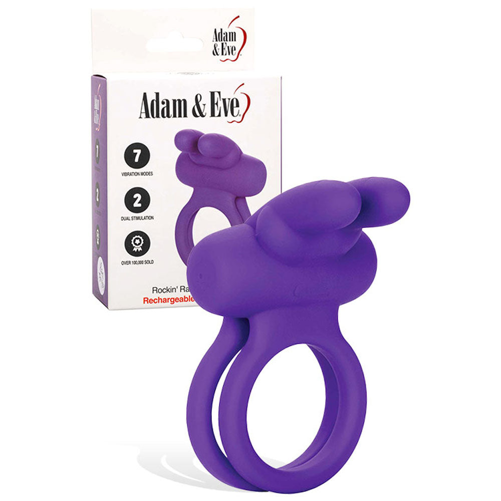 Adam & Eve Rockin' Rabbit – USB Rechargeable Silicone Cock and Balls Ring Purple > Sex Toys > Couples Toys Main image