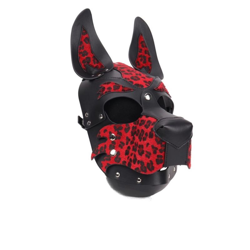 Bold Red Leopard Print Dog Hood Adjustable Fit Leather BDSM Gear > Bondage Gear > Masks Main image